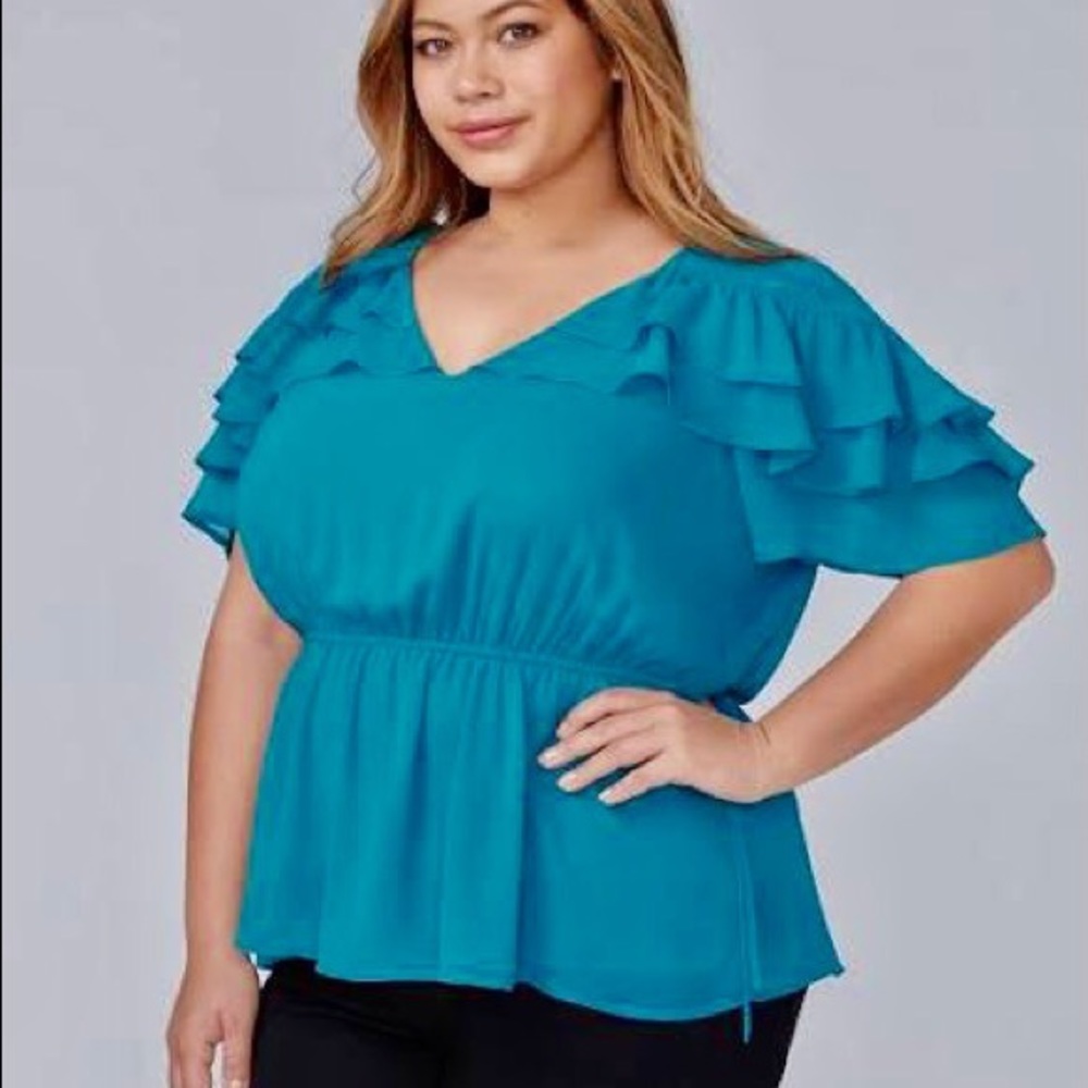 NWT Lane Bryant Turquoise Teal Ruffle Smocked Waist Side Ties Blouse Size 22